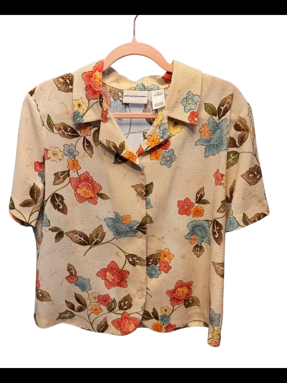 Alfred Dunner Cream Floral Button-Front Top with Blue, Red and Orange Blooms